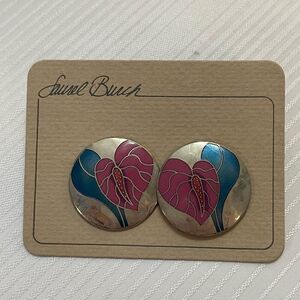 LAUREL BURCH Vintage Anthurium Flower Post Earrings Silvertone Teal Blue Purple